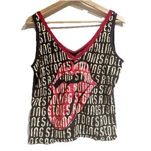 Rockware Women XL Rolling Stones Black Tank Top Red Lace Trim